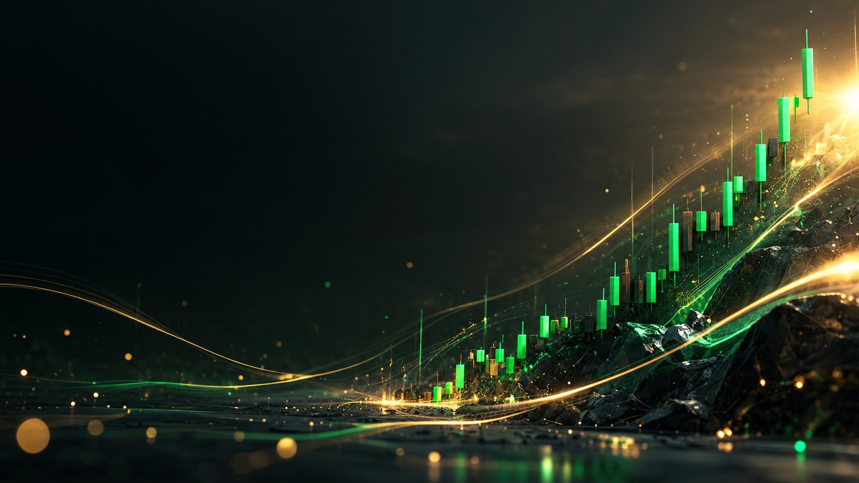 Dramatic crypto price chart with sharp green candles breaking upward