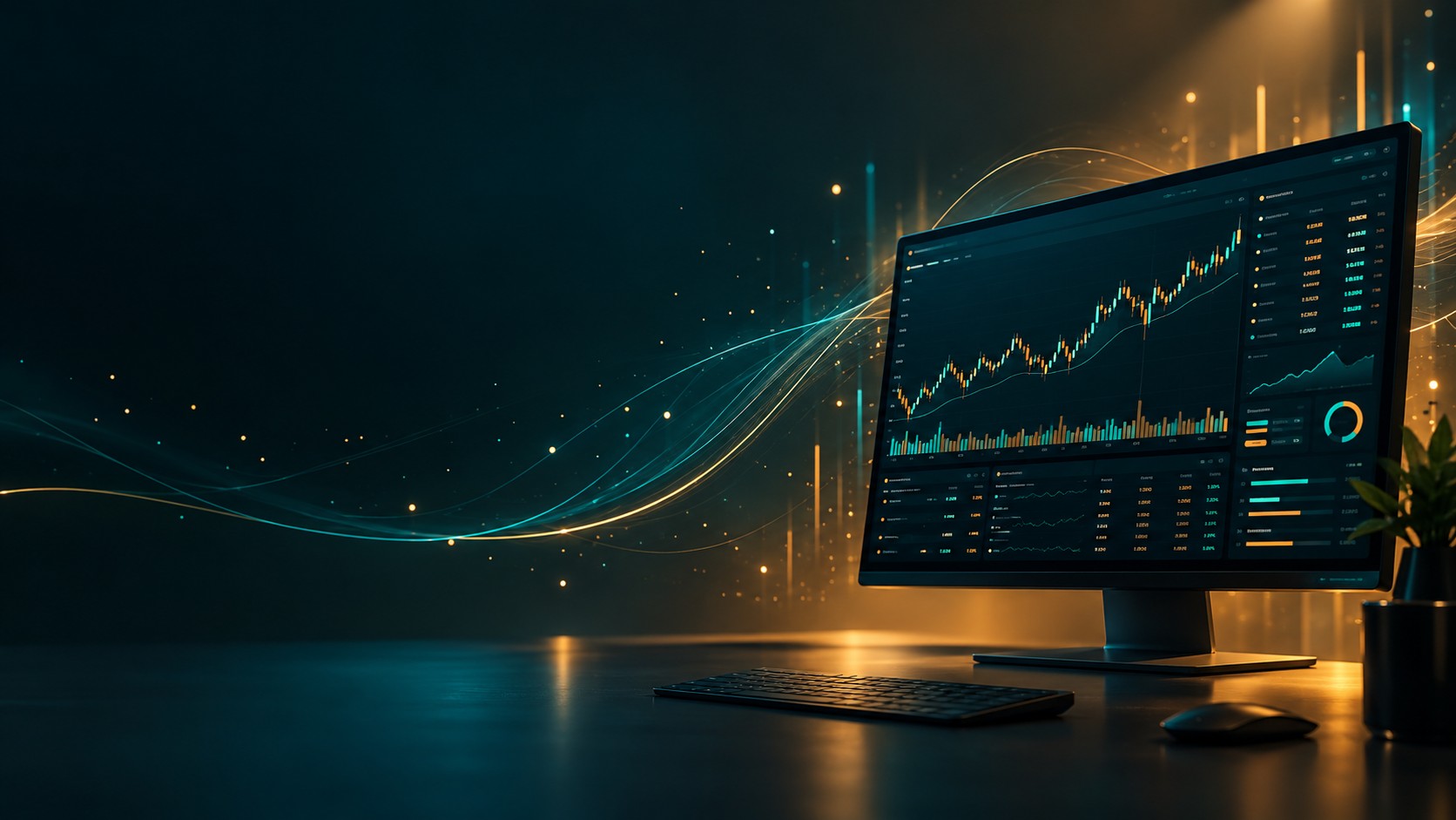 Premium dark mode trading dashboard on a wide monitor