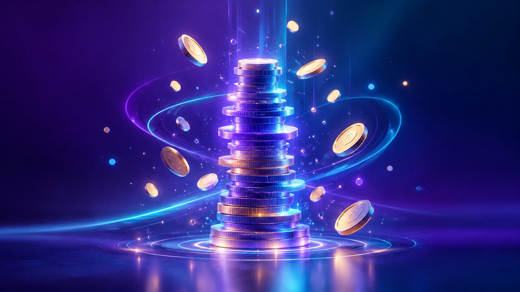 Coins stacked into a glowing tower that emits small reward coins
