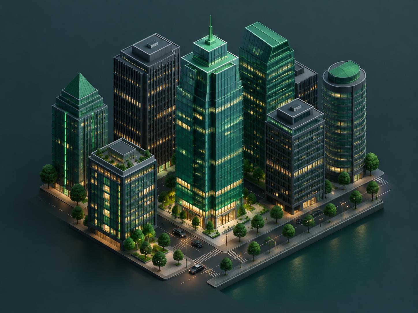Financial district street with tall skyscrapers at dusk