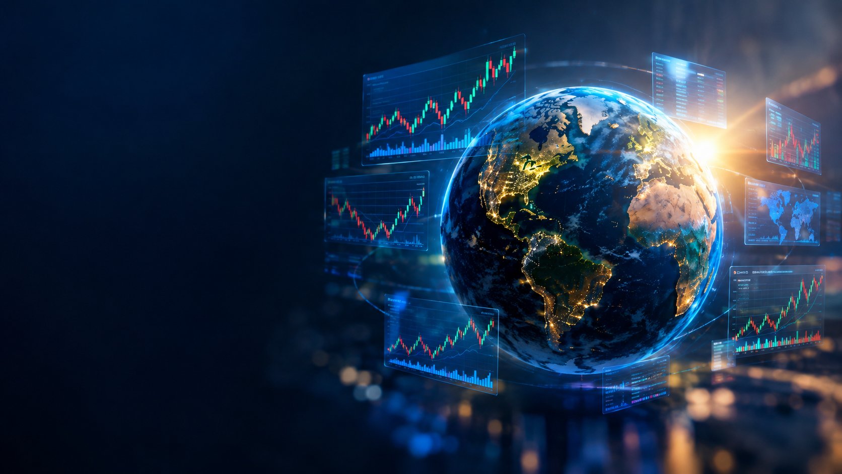 Globe surrounded by floating stock charts from different regions